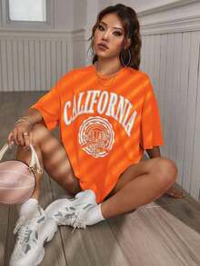Estilo Y2K, estilo moderno, lo más nuevo de 2026, estilo lindo, estilo casual. Camiseta casual holgada de verano para mujer  con estampado de letras, cuello redondo y mangas caídas, camisetas gráficas para mujer, 180g (S-XXXL). - Naranja 2 - Ver 7