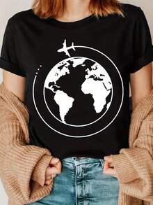 OversizeCamiseta con estampado de mapa del mundo, un bonito regalo para los amantes de los viajes. - Negro - Ver 1