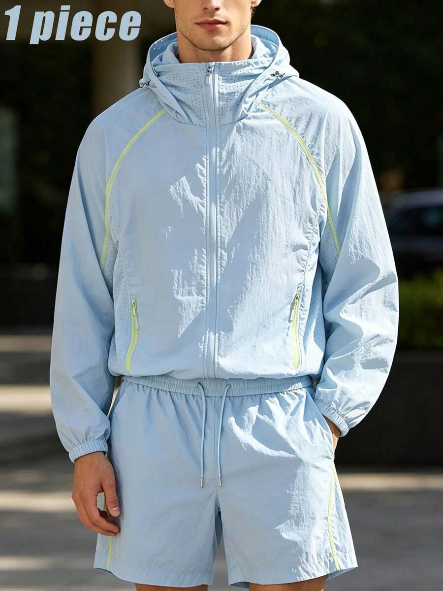 2pcs Men's Casual Set, Lightweight Hooded Zip-Up Jacket And Elastic Waist Shorts, Suitable For Hiking And Daily Wear - Blue - View 1