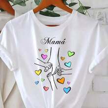 Día de la Madre de la Mujer "Mamá" Camiseta Gráfica - Rosa Casual Manga Corta con Diseño de Corazón Colorido, Perfecto para el Verano, Comodidad Diaria, Camiseta Diaria| Camiseta con Estampado Juguetón| Ajuste Cómodo, Regalos para el Día de las Madres - Blanco - Ver 6