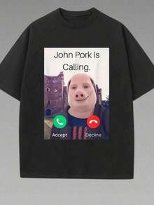 1 Short Sleeve T-Shirt | Fun Casual Streetwear | Meme Lover | John Pork Caller ID Print | Soft & Breathable Fabric | Unisex Summer Pure Cotton - 黑色 - 查看 7