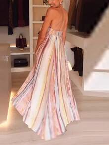 Vestido largo primavera bicolor strapless espalda descubierta elegante y sexy estilo europeo para mujer - Dorado - Ver 4