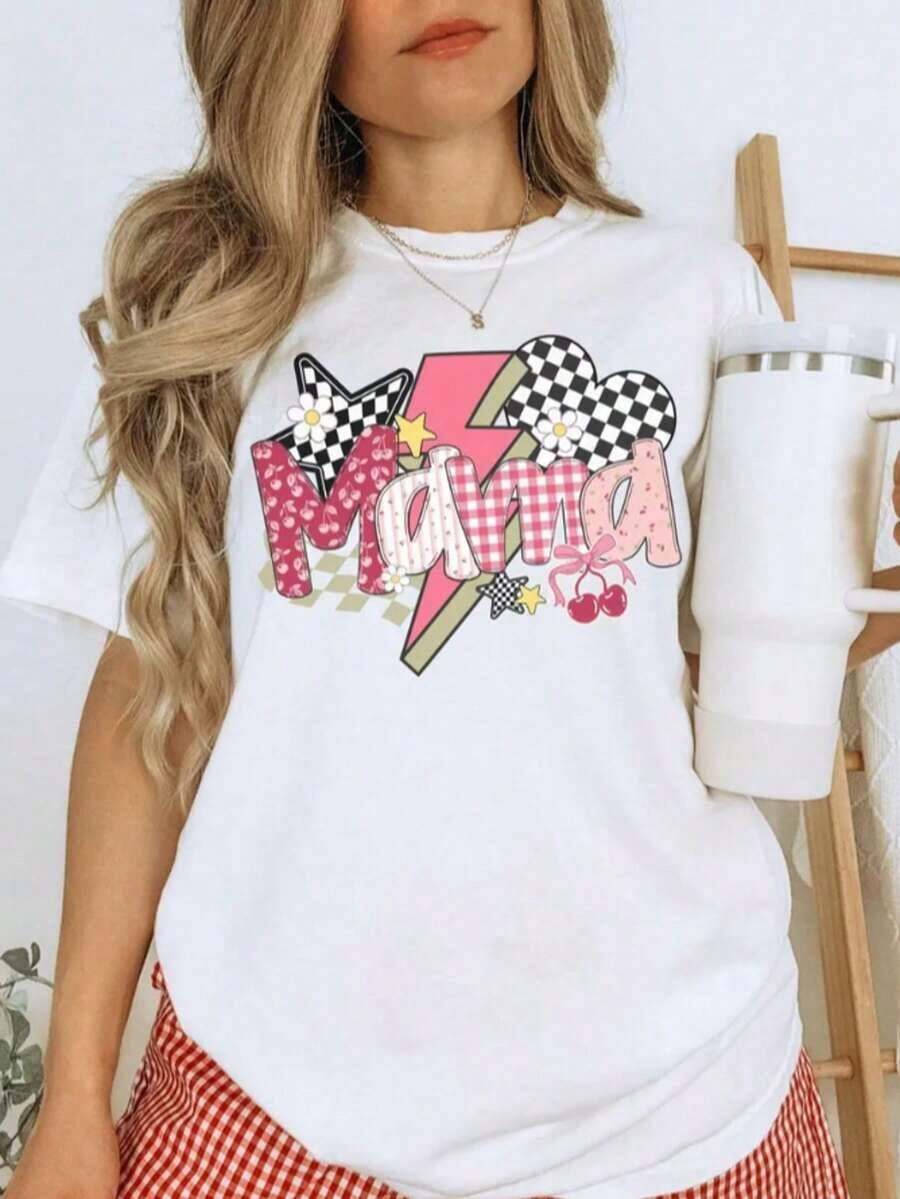 1 Piece Women's Graphic Print T-Shirt, College Style T-Shirt For Mom, Plaid T-Shirt For Mom, Mother's Day Gift, Lightning Bolt Print Sweatshirt For Mom, Mother's Day T-Shirt Gifts For Mom's Birthday, Casual Short Sleeve Crew Neck T-Shirt For Women, 1 Piece Fashion Shirt, Gift For Mom, Thanksgiving Gift, 180g 100% Cotton, All Patterns Are Printed. Unisex. - 白色008 - 查看 1
