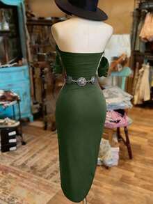 Vestido bandeau de unicolor de moda para mujer - Verde - Ver 2