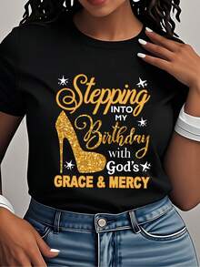 Camiseta de algodón de manga corta para mujer, con estampado de "Birthday Queen", cuello redondo, camiseta casual de manga corta para primavera y verano, ropa de mujer. - Negro - Ver 1
