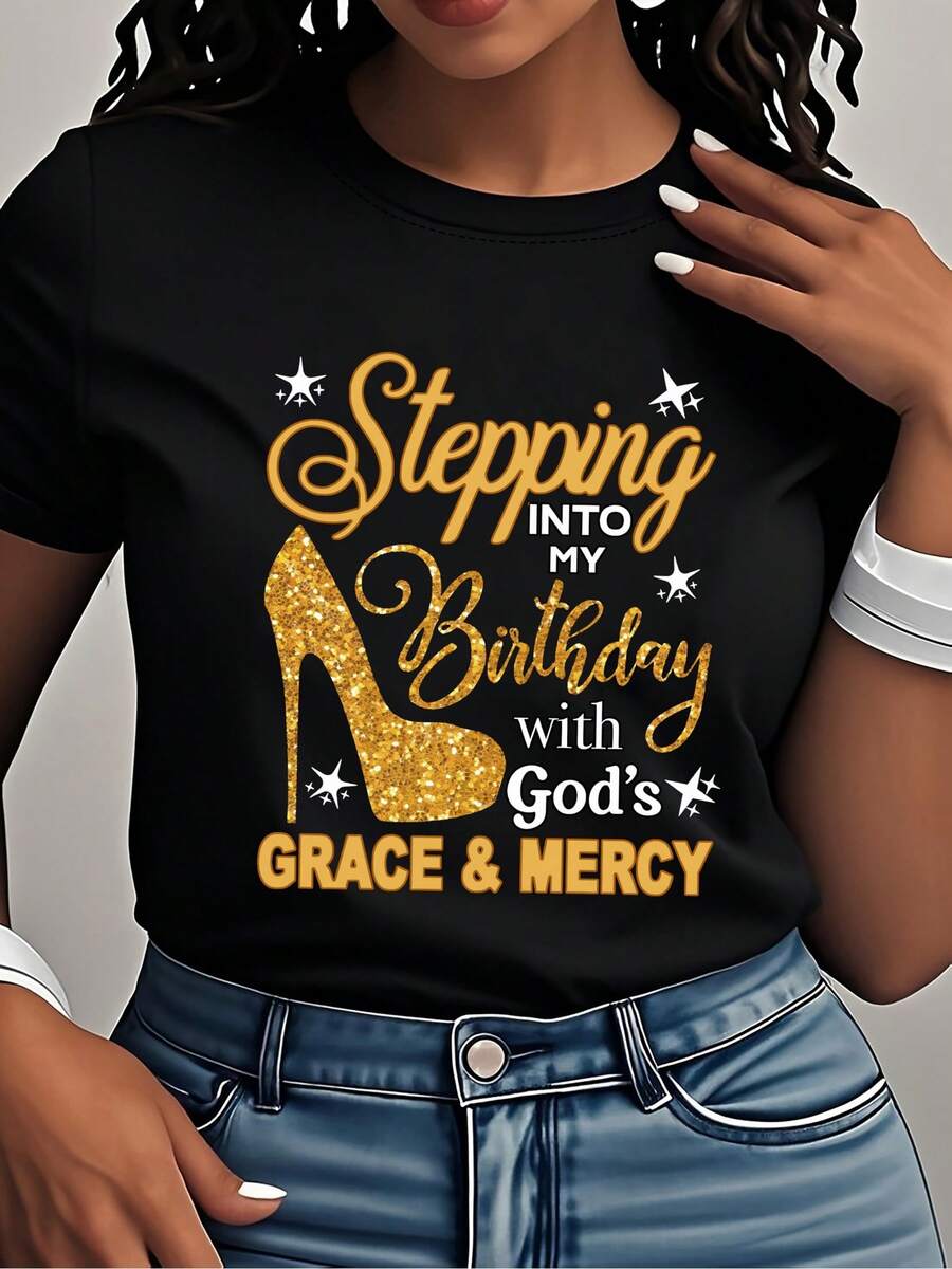 Camiseta de algodón de manga corta para mujer, con estampado de "Birthday Queen", cuello redondo, camiseta casual de manga corta para primavera y verano, ropa de mujer. - Negro - Ver 1
