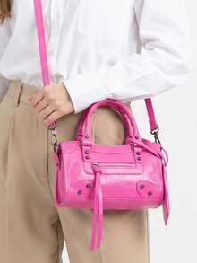 1 pieza Charm para bolso pequeño de material PU retro con cremallera, borlas de metal incrustadas con remaches, diseño de empalme en rosa fucsia, banda con bucle, estilo dulce y cool, biker bag, Y2K punk, bolso cuadrado - Rosa Fucsia - Ver 4