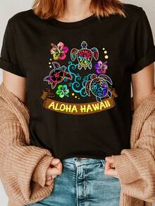 Women's Pure Cotton Hawaiian Style T-Shirt With Turtle And Flower Print - Casual Short Sleeve Round Neck Top With Color Gradient, Breathable Tropical Design, Fashionable For Spring And Summer. - 黑色 - 查看 1