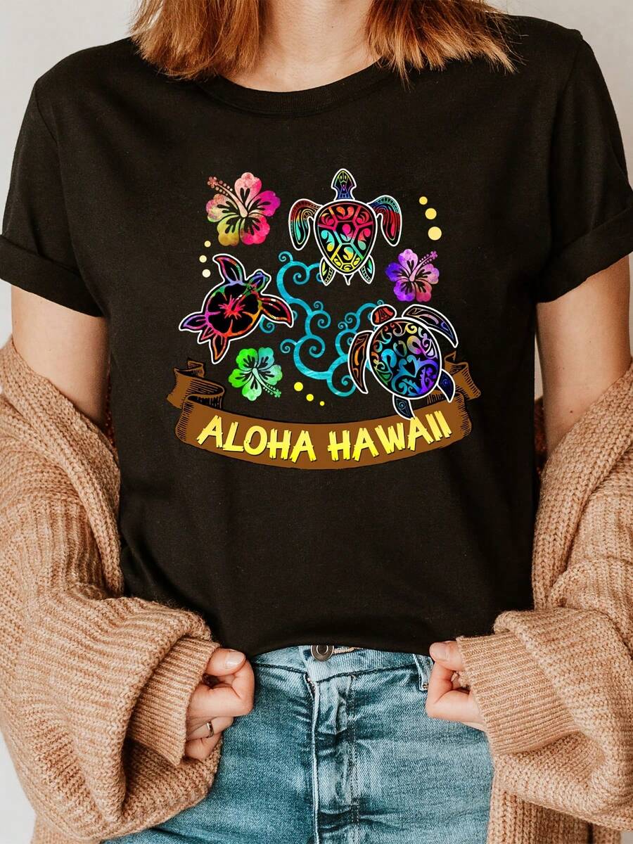 Women's Pure Cotton Hawaiian Style T-Shirt With Turtle And Flower Print - Casual Short Sleeve Round Neck Top With Color Gradient, Breathable Tropical Design, Fashionable For Spring And Summer. - 黑色 - 查看 1