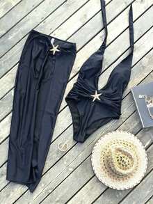 Traje de baño de una pieza con decoración de estrella de mar y falda pareo con abertura alta, diseño elegante para mujeres, adecuado para vacaciones de verano en la playa, color blanco - Negro - Ver 6