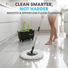 Simpli-Magic 360 Spin Mop And Bucket With Wringer - 3 High-Absorbent Microfiber Washable Heads, Soap Dispenser - Spinning Mop And Bucket Set All Types Floor Cleaning - 黑色/綠色 + 旋轉拖把 - 查看 3