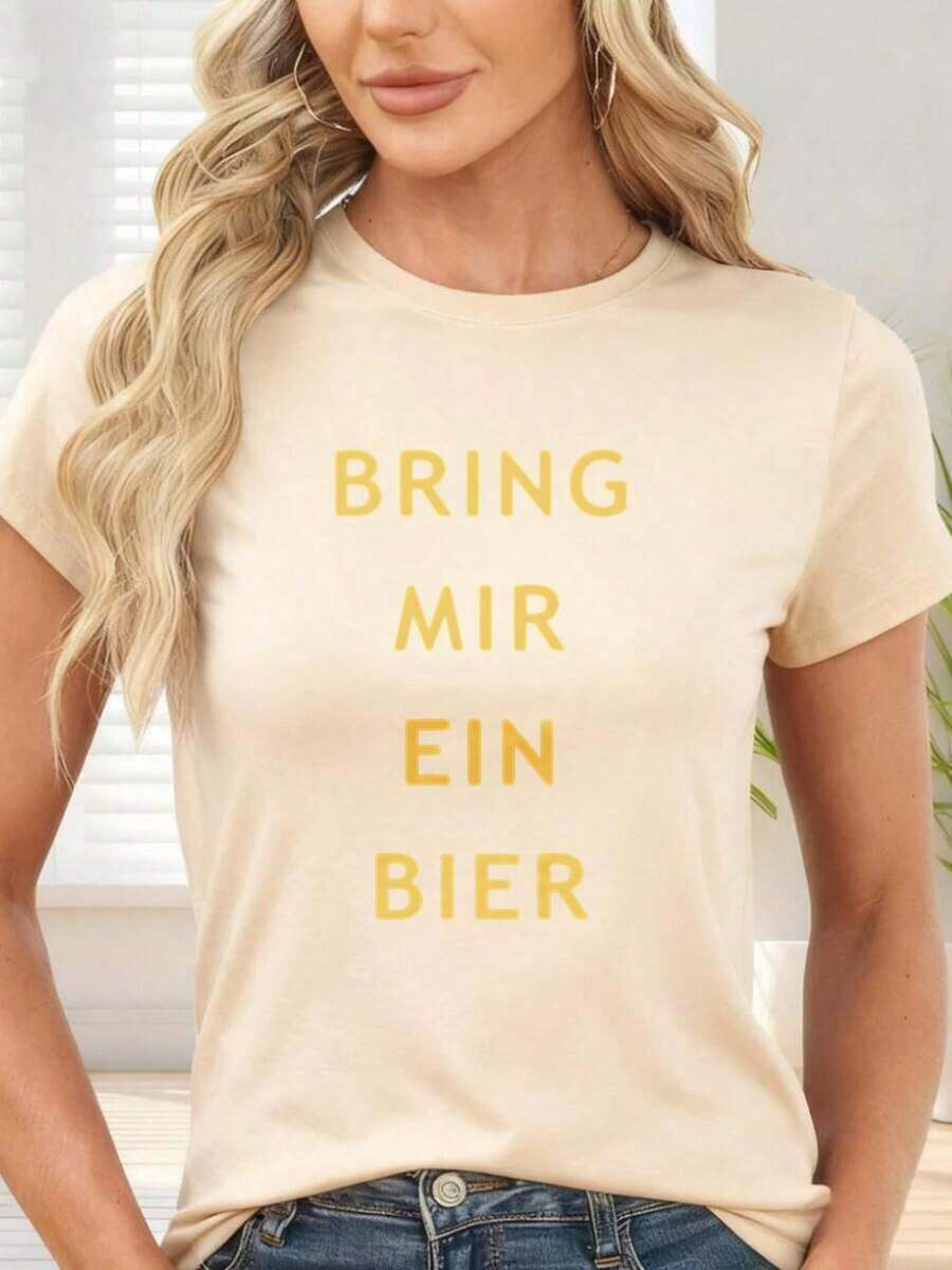 GiftCamiseta de con estampado en letras amarillas Bring Mir Ein Bier para fiestas y eventos casualesSoft - Albaricoque - Ver 1