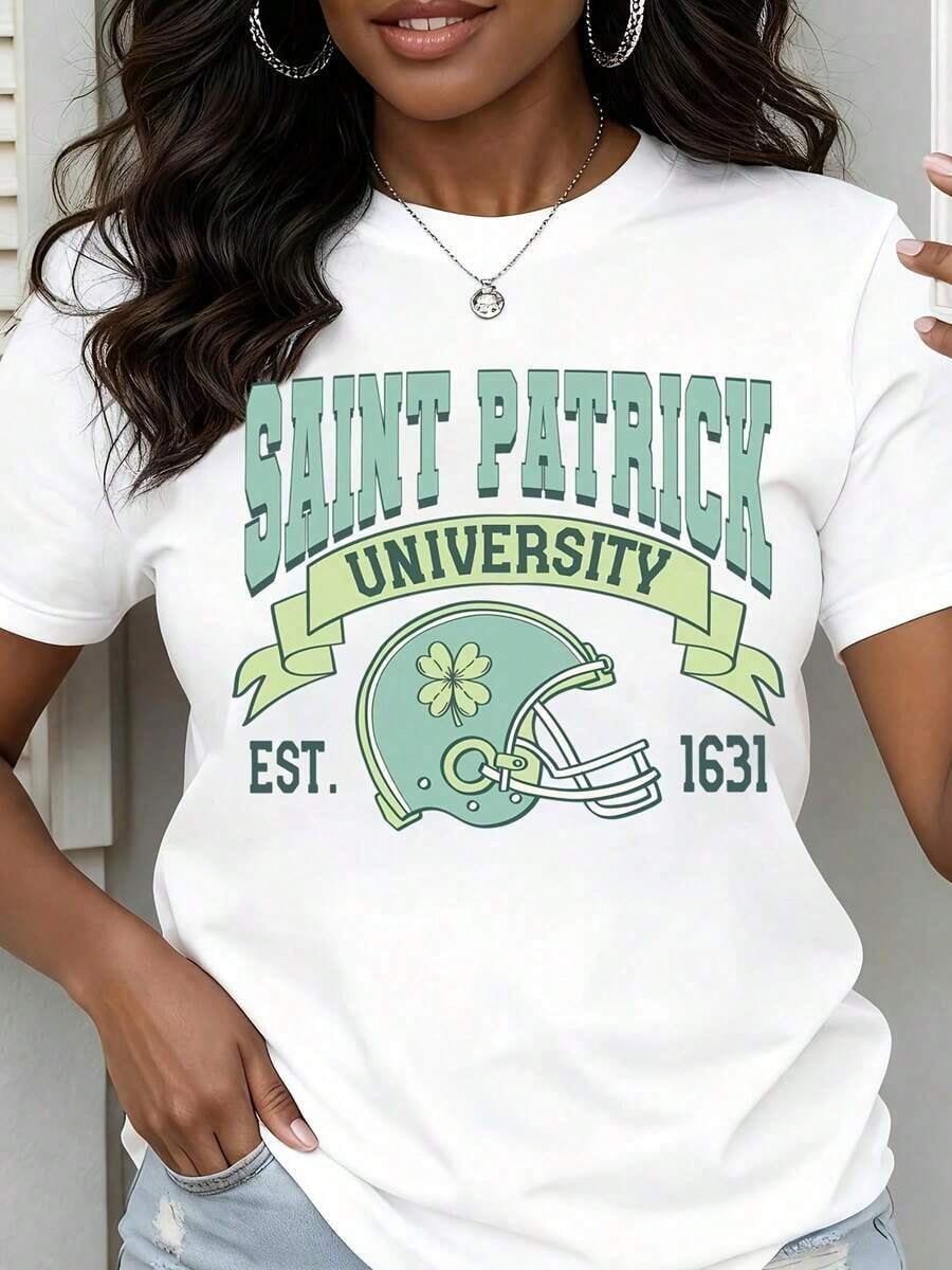 Camiseta de Cuello Redondo para Mujer con Estampado de Casco de Fútbol Americano de la Universidad de San Patricio y Trébol, Manga Corta, Ropa Casual para Fanáticas de los Deportes Universitarios - Blanco - Ver 1
