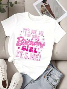 Women's Round Neck T-Shirt With Pink Floral Print 'It's Me, Hello, I'm The Birthday Celebrant', Short Sleeve, Casual, For Party, Celebration, Birthday Gift - 白色 - 查看 2