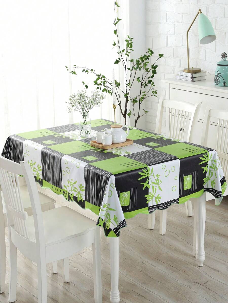 1 pieza Mantel rectangular a cuadros verdes y negros con estampado de hojas, de compuesto de PVC y franela, impermeable, a prueba de aceite y a prueba de derrames, fácil de limpiar y reutilizable para la cocina, el comedor, fiestas y decoración del hogar - Multicolor - Ver 1