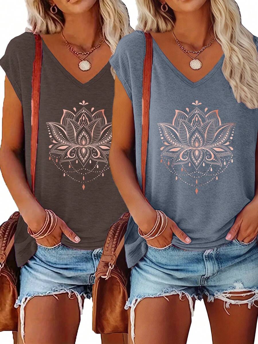 2pcs Solid V-Neck T-Shirts, Casual Short Sleeve Tees For Women, Spring/Summer - Multicolor - View 1