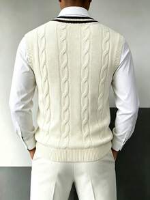 Chaleco de punto de rayas y contraste de color casual para hombres, versátil para uso diario y negocios - Albaricoque - Ver 2
