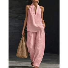 Women's Halter V-Neck Sleeveless 2-Piece Set, Solid Wide Leg Pants, Casual Lounge Co-Ord Outfit For Summer Vacation - 黑色 - 查看 6