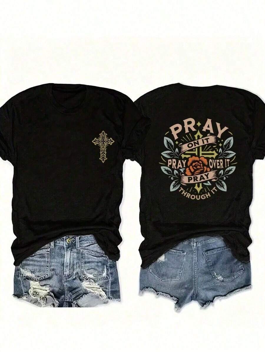 Women's Summer Tops Casual T-Shirt With Prayer And Faith Print, Short Sleeves, Round Neck, Women's Summer Graphic T-Shirt, Cotton T-Shirt, Camisetas Mujer - 黑色 - 查看 1