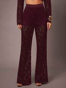 Pantalones de campana de cintura alta con encaje floral elegante y de moda para mujer - Burdeos - Ver 6