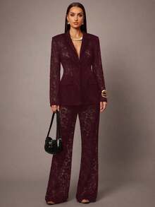 Pantalones de campana de cintura alta con encaje floral elegante y de moda para mujer - Burdeos - Ver 8