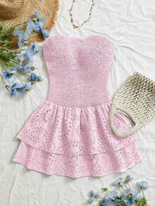 Vestido azul marino con cintura ceñida, plisado, sin tirantes, sexy, calado, con bordado y dobladillo fruncido, estilo vacaciones - Rosa 2 - Ver 7