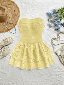 Vestido azul marino con cintura ceñida, plisado, sin tirantes, sexy, calado, con bordado y dobladillo fruncido, estilo vacaciones - Amarillo - Ver 6