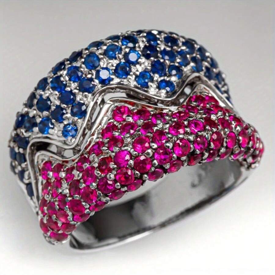 Double-Layer Wave Shaped Pave Ring, Elegant And Eye-Catching, Represents Low-Key Yet Brilliant Style - Silver - View 1