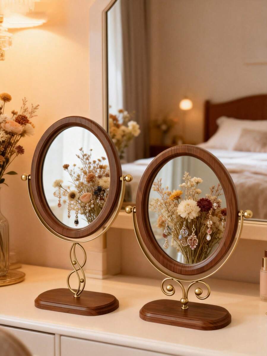 1pc Classic Oval Tabletop Makeup Mirror, 360° Rotating New Chinese Style Wooden Vanity Mirror, Home Decor, Suitable For Dressing Table And Bedroom - Multicolor - View 1