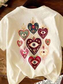 Camiseta de verano para mujer con cuello redondo, mangas cortas, elástica, con estampado de corazón y ojo, estilo casual y a la moda. - Albaricoque - Ver 4
