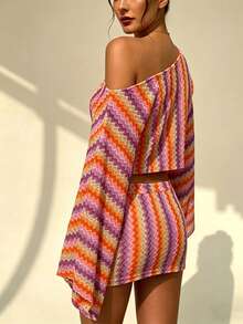 Bộ đồ 2 món Jacquard - Phong cách Bohemian ombre cam & tím, áo crop top cúp ngực tay loe và chân váy ngắn cho nữ. - Nhiều màu - Xem 2