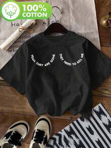 Breast Cancer Awareness Gifts: "Yes, They're Gone, They Tried To Kill Me" - Short Sleeve Crew Neck Printed T-Shirt, Casual Summer & Spring Top, Women's Clothing, Comfortable Cotton T-Shirt. - 黑色 - 查看 1