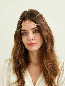 Accesorio de cabello para fiesta de graduación con estilo retro, cadena de cabello con colgante para la frente, cadena de cabeza con múltiples capas de strass y borlas - Multicolor - Ver 5