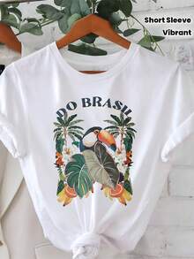 Women's T-Shirt With Tropical Print Of Toucan And Palm Tree, Brazilian Theme - Vibrant Letters "DO BRAI", Lightweight Short Length For Summer, Round Neck, Ideal For Carnivals, Beach Parties And Brazilian Heritage Events - Machine Washable, Summer Women/Women's New Year's/Beachwear/Premium Women's/Small Tropical T-Shirt - 白色 - 查看 2