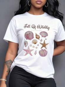 This Vibrant Marine Print With Delicate Bright Pink Shells, Starfish, And Shimmering Pearls Evokes The Essence Of Ocean Life And Endless Happiness For Your 100% Cotton Women's T-Shirt, Maija Women Curvy. - 白色 - 查看 1