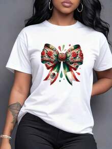 Festive Ribbon With Mexican Flag Colors And National Emblem, Traditional Flowers, A Vibrant Symbol Of Cultural Heritage And Pride To Celebrate. Women's T-Shirt, 100% Cotton, Comfortable, Casual, Maija Women's Curvy Style. - 白色 - 查看 7