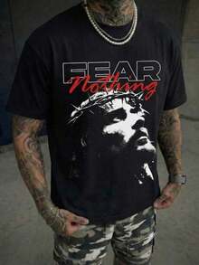 Soft And Comfortable Korean Style T-Shirt, Summer Casual Wear, Urban Casual Style With Religious Tattoo "Fear Nothing" Graphic Print Of Jesus Christ Slogan In Black, 100% Breathable Cotton - 黑色 - 查看 4