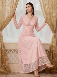 Elegant Women's Pink Lace V-Neck Long Sleeve Formal Dress, Cinched Waist Design, Flared Skirt, Perfect For Evening Parties And Balls - Baby Pink - View 1