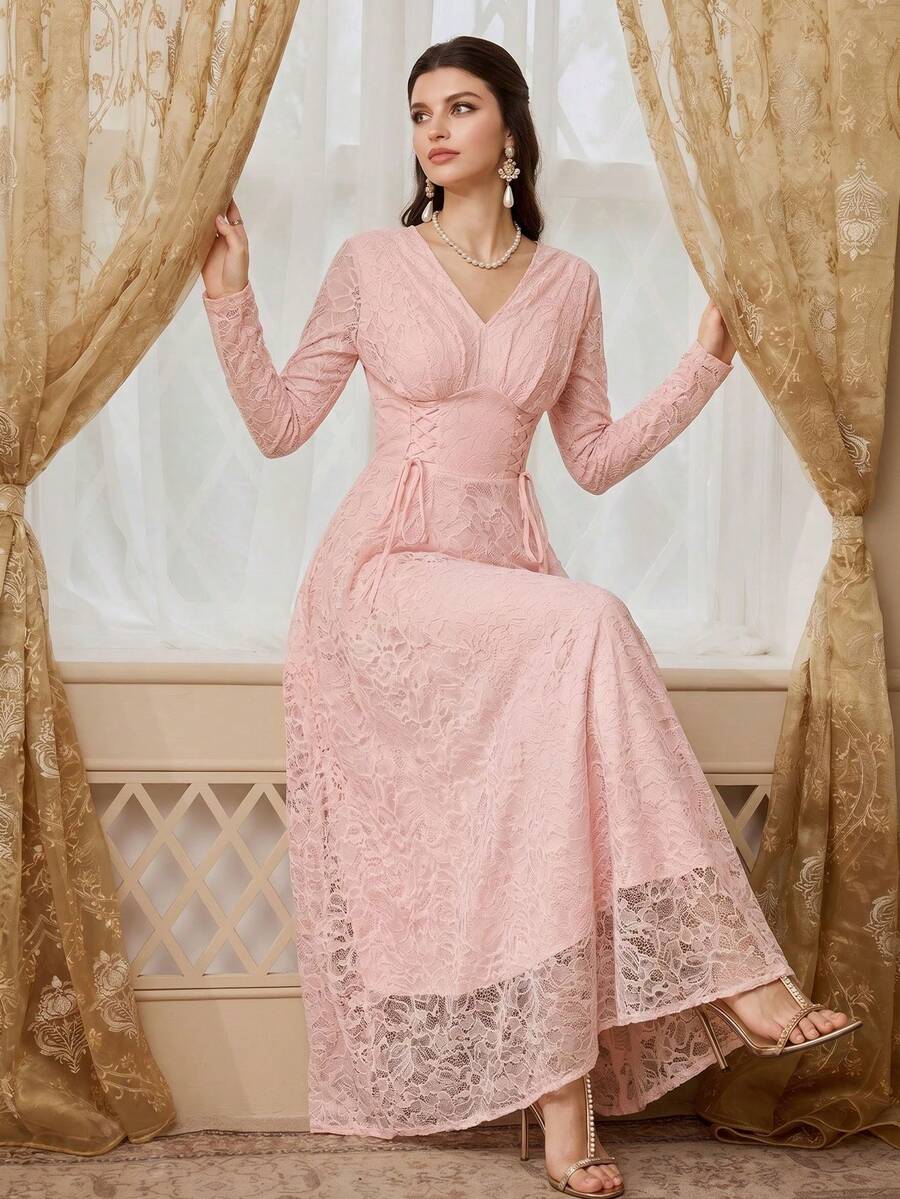 Elegant Women's Pink Lace V-Neck Long Sleeve Formal Dress, Cinched Waist Design, Flared Skirt, Perfect For Evening Parties And Balls - Baby Pink - View 1
