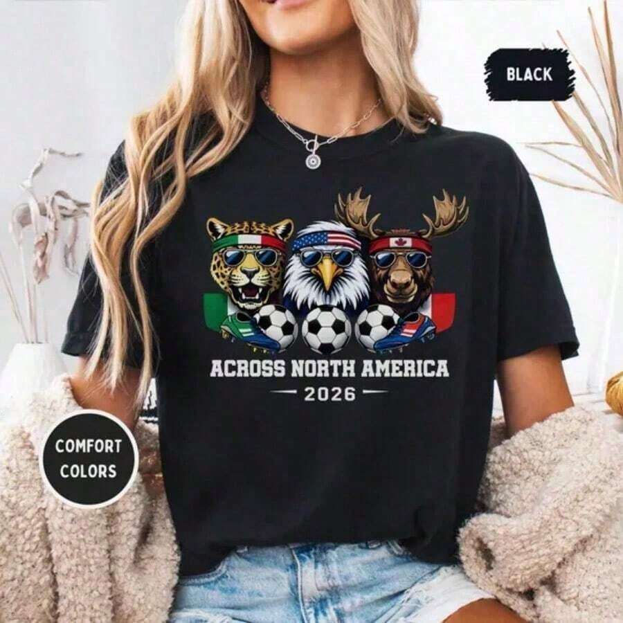 2026 Soccer Mascot T-Shirt, World Soccer Fan T-Shirt, Vintage MX USA CA Print, Gift For Soccer Lovers - 黑色 2 - 查看 1