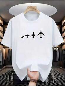 Premium Black Crew Neck T-Shirt With Airplane Evolution Print, Suitable For Casual And Sport Wear, All-Season Short Sleeve T-Shirt, Slightly Stretchy Knit Fabric, Regular Fit, Perfect For Everyday And Weekend Wear. - 白色 - 查看 7