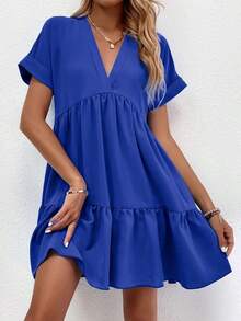 LUNE Vestido con puños enrollados, dobladillo con volantes y unicolor borgoña para outfit de mujer - azul real - Ver 3