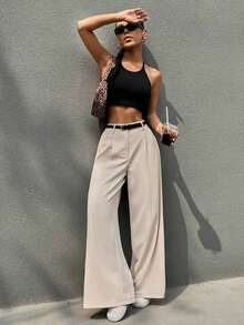 Pantalones anchos casuales y para ir al trabajo de mujer con cintura alta plisada y cinturón en beige - Beis - Ver 6
