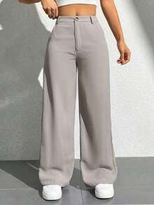 Pantalones anchos casuales y sueltos con bolsillos para mujer - Gris Claro - Ver 3