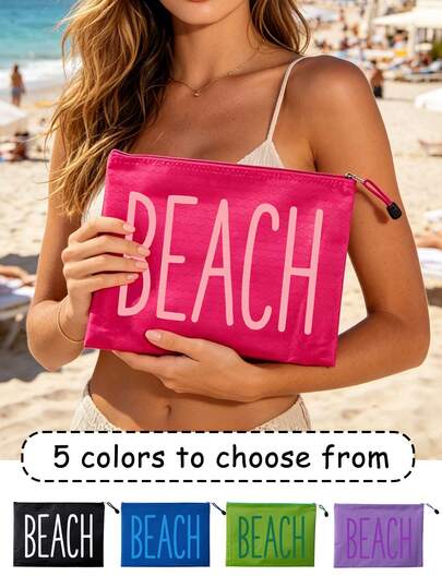 Multi-Colored Waterproof Women's Cosmetic Bag With "Beach" Printed On It, Beach Zipper Toiletry Bag, Vacation-Style Cosmetic Storage Bag, Large-Capacity Multifunctional Storage Bag, For Storing Skincare Products, Sunscreen, Swimwear, For Commuting, School, Beach, Seaside, Suitable Travel Souvenir, Birthday Gift, Graduation Gift, Party Gift