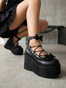 Womens Platform Ankle Boots Combat Gothic Punk Boots Round Toe Wedge Heel Bow Design Comfy Adjustable Strap Short Boots For Ladies Slip On Party Shoes Nightclub Wedding Dressy Outdoor Riding Hot Weather Breathable Summer Boots For Women - 黑色 - 查看 4