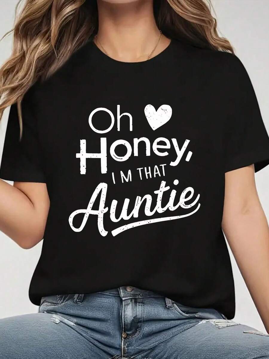 1 Women's Short Sleeve T-Shirt - "Oh Honey, I'm That Auntie" Graphic Print, 100% Polyester, Lightweight 170gsm, Casual Comfortable Fit, Machine Washable, Birthday Gift For Women And Teens, Everyday Casual Wear, Ladies T-Shirts Y2k T-Shirt Shirt - 黑色 - 查看 1