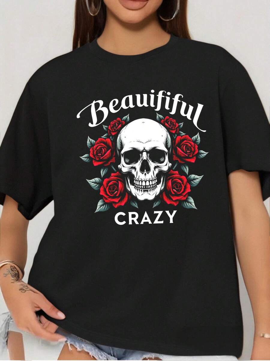 Camiseta Estampada de 180G para Mujer con Cuello Redondo, Diseño Cómodo y Transpirable, Estampado de Calaveras y Rosas con Texto Divertido, Ropa Casual y Moderna Y2k Camiseta Camisa De - Negro - Ver 1
