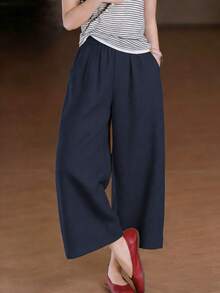 Damen Sommer lässig Boho Stil einfarbige Hose mit elastischem Bund, Taschen und weitem Bein aus Leinen - Königsblau - Übersicht 2