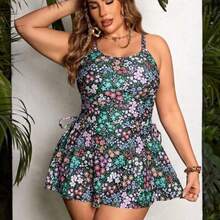Swim Lushore Plus Size Women Summer Floral Print Bow Decor U-Neck Tankini Swimwear With Beach Dress - Verde militar - Ver 1